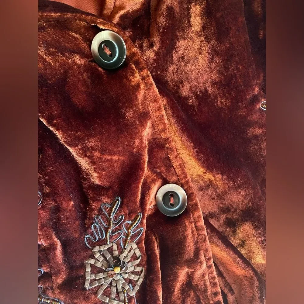 Coldwater Creek Rust Velvet Blazer with Floral Embroidery Boho Sz LP